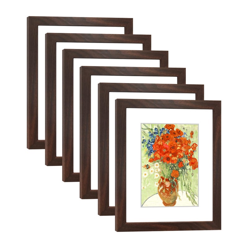 DEKWINN 8x10 Picture Frame Set of 6 with Real Glass for Pictures 5x7 with Mat or 8x10 Without Mat, Wall or Tabletop Gallery Photo Frames Walnut - Image 1